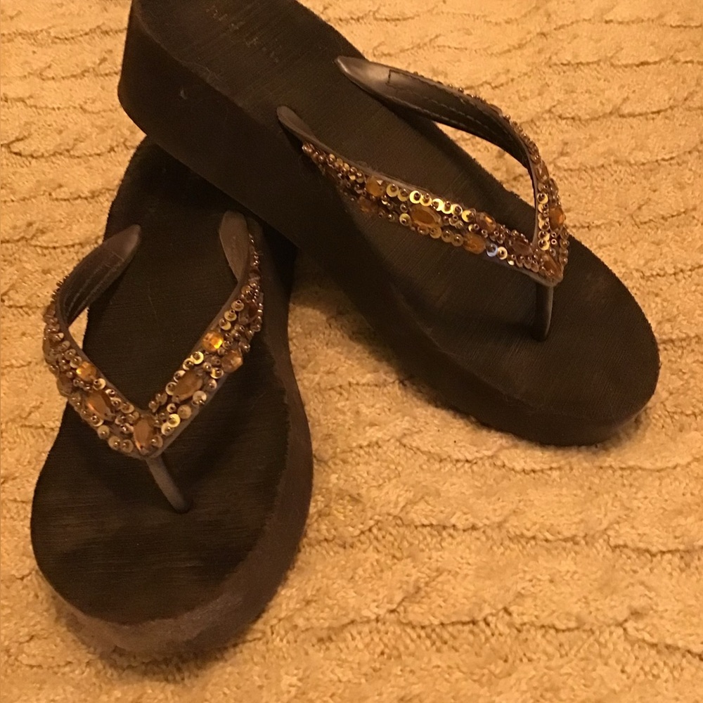 Sequin Embellished Brown and Gold Women's Flip Flops